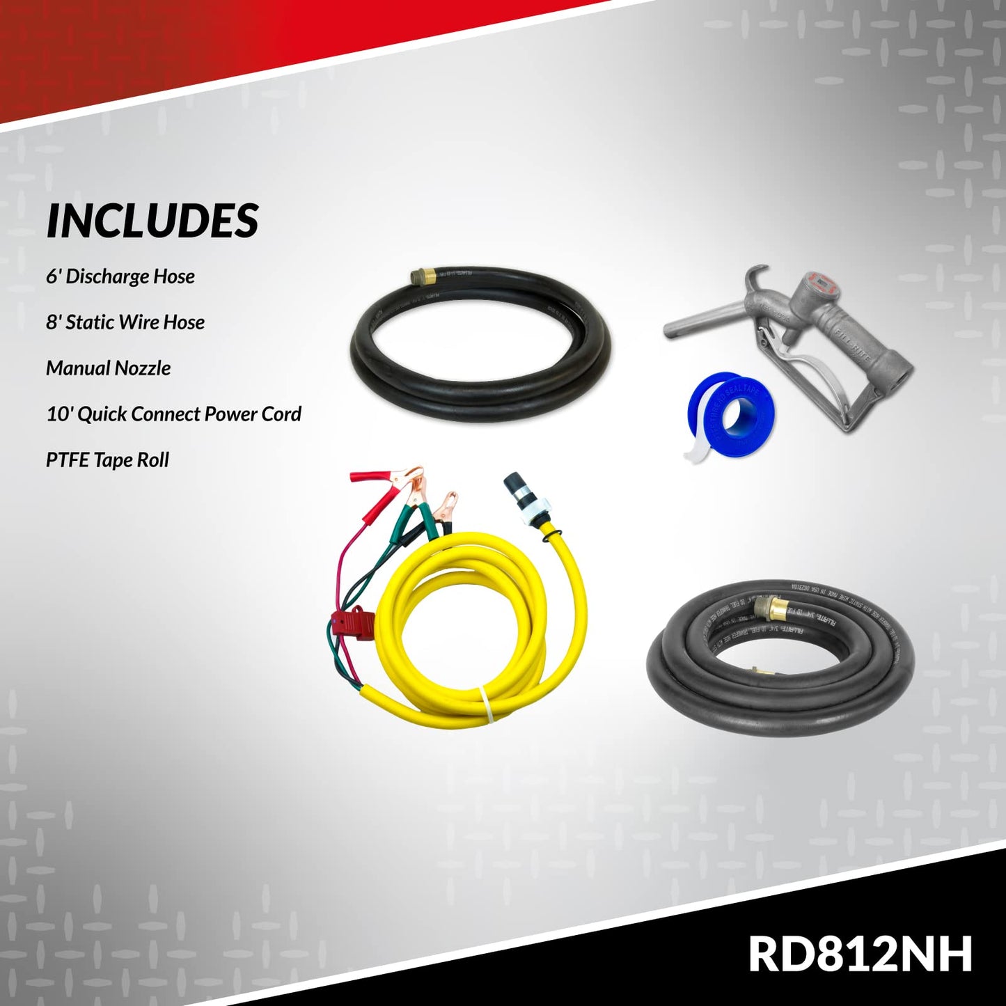 Fill-Rite RD812NH 12V 8 GPM Portable Fuel Transfer Pump w/Discharge Hose, Manual Nozzle, Power Cable/Clips, & Suction Hose
