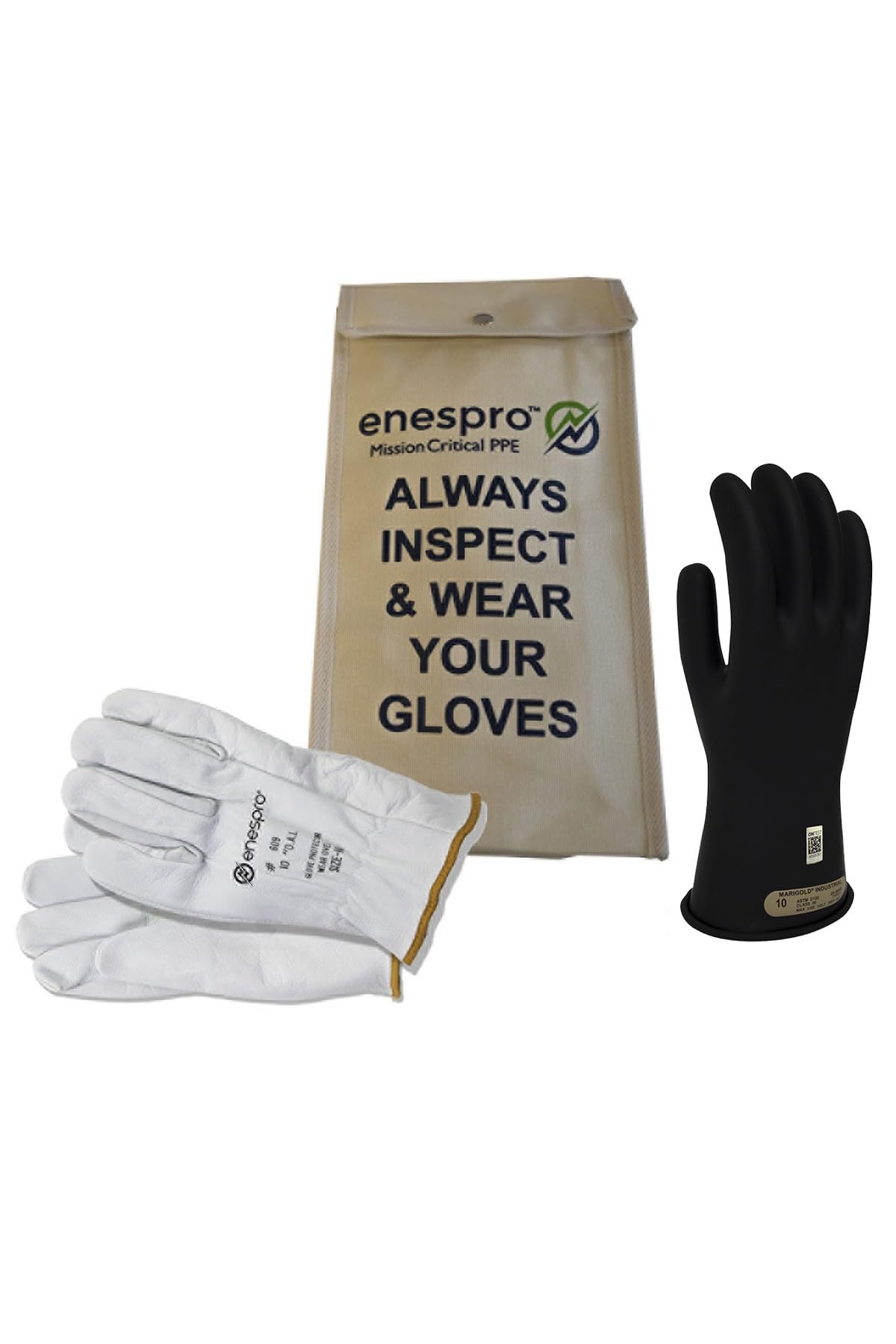 Enespro Class 00 Electrical Gloves Kit, 500V AC / 750V DC Black Insulated Rubber Gloves with Leather Protectors, Electrical Work Gloves for Linemen, and Utility Workers