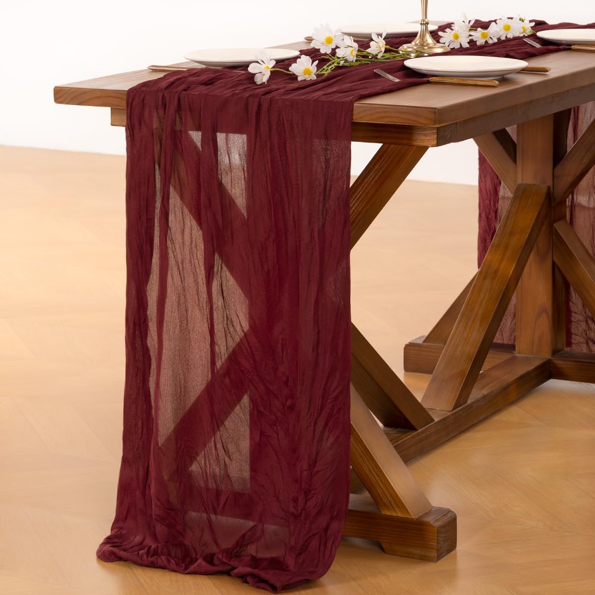 Socomi Burgundy Red Cheesecloth Table Runner - 120 Inch Boho Rustic Decor for Weddings & Events