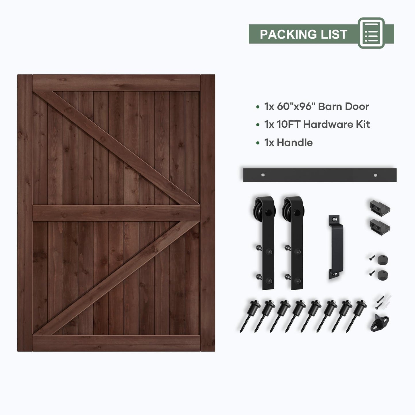 ROYMELO 60x96 inch Sliding Barn Wood Door Slab with 10ft Hardware Kit and Handle, Coffee, K Shape, Simple DIY Assembly