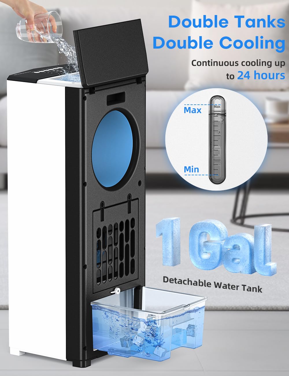 CENSTECH Windowless Air Conditioner, 27" Bladeless Evaporative Air Cooler with 4 Modes & 3 Speeds, Double Tanks for 24H Cooling, 25FT Remote, 7H Timer, 360° Swing Portable Swamp Cooler Air Conditioner
