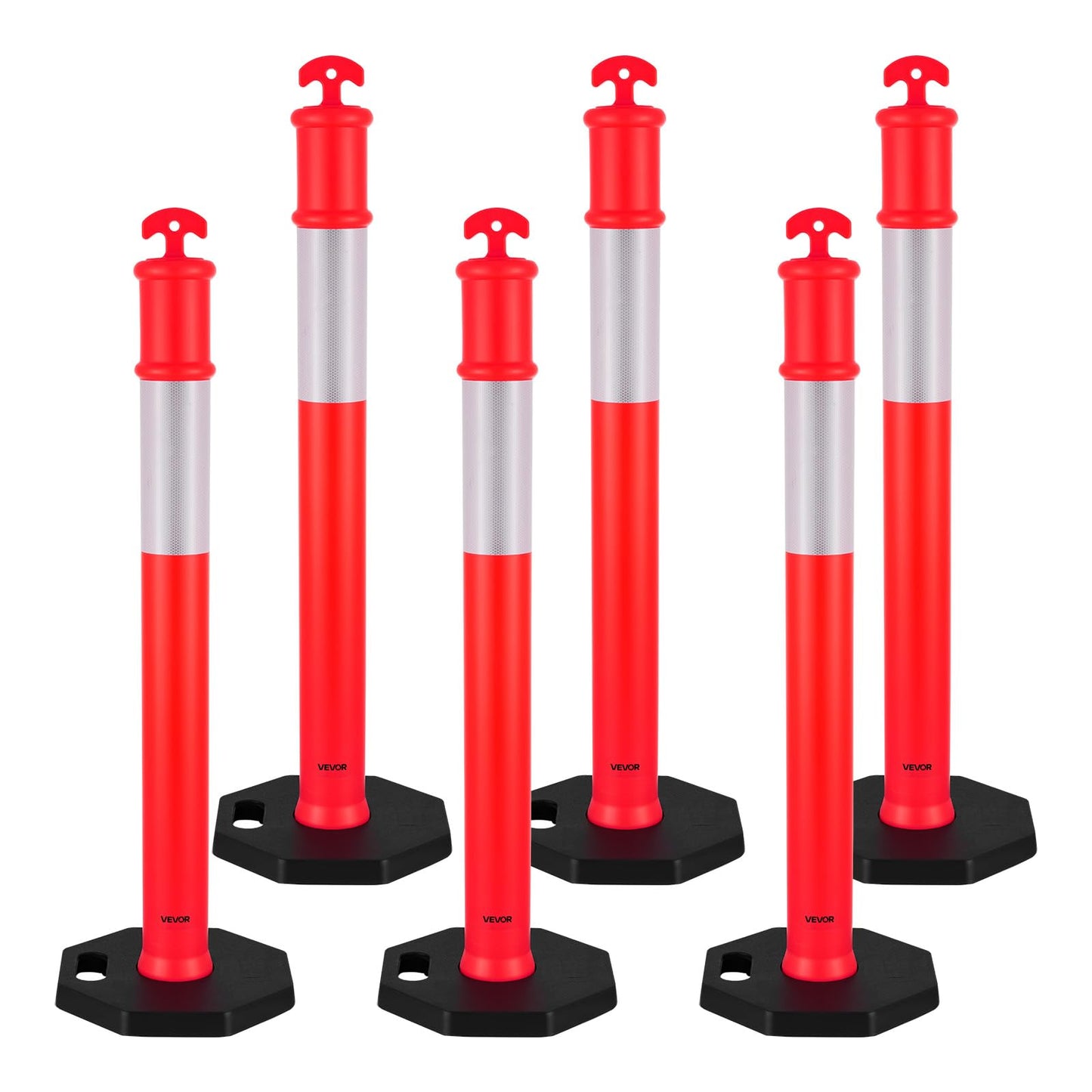 VEVOR 6 Pack Traffic Delineator Posts, 45 inches Traffic Safety Cones with Weighted Base and Reflective Strips, Heavy Duty Delineator Posts for Construction Site, Parking Lot, Crowd Control, Red