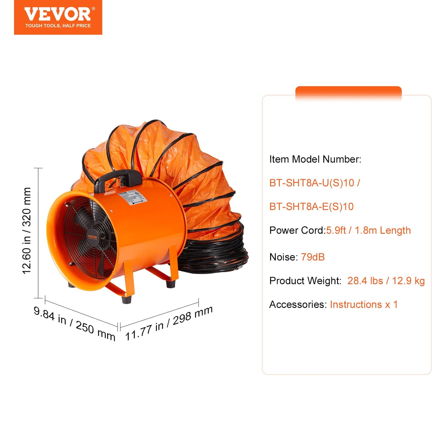 VEVOR Air Mover Blower Fan 8 Inch, 1070CFM 195W with 33ft Flexible Duct, Industrial Portable Ventilator Blower/Exhaust, Orange
