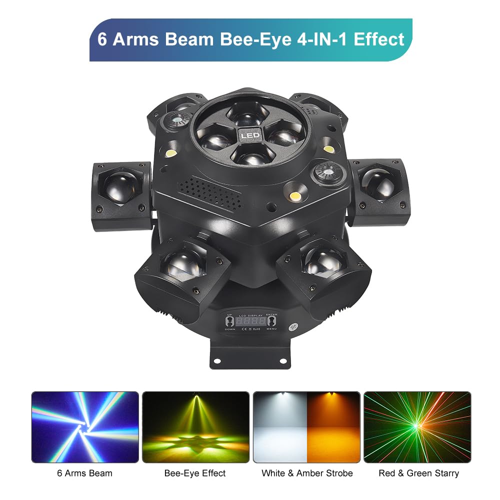 Moving Head DJ Lights, Olaalite 150W LED Stage Light 4-in-1 RGBW with 6 Arms Beam, Bee-Eyes Effect, Red Green Starry, White & Amber Strobe, Perfect DJ Stage Lighting for Party Disco Club Wedding Bar