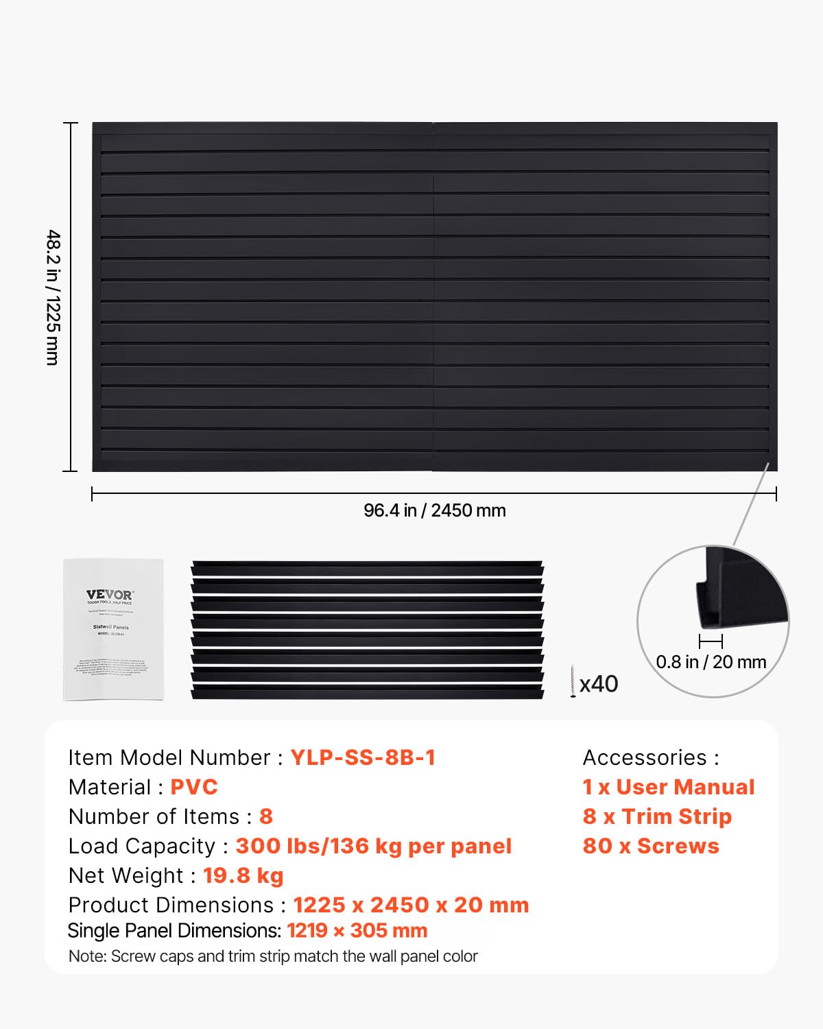 VEVOR Slat Wall Paneling, 8 x 4 ft, PVC Garage Slatwall without Accessories, Black Slat Wall Easy-to-Install Adjustable Slatwall Panel with Coupling Structure & DIY Cutting, Fits for Storage & Display