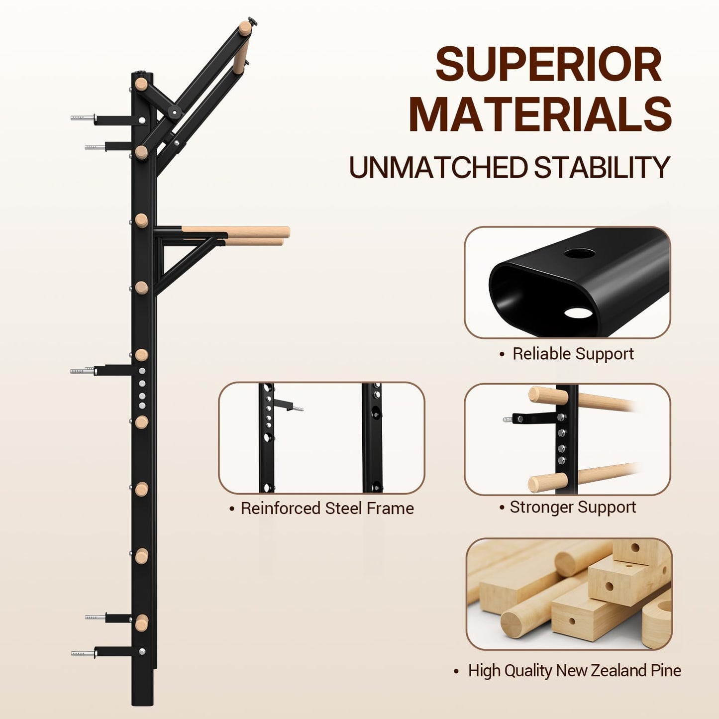 GMWD Swedish Ladder, Wood Stall Bar, Suspension Trainer with Pull-Up Bar and Dip Bar Attachments, Wooden Stall Bar with 9 Strategic Rods for Core Strengthening and Stretching Balanced