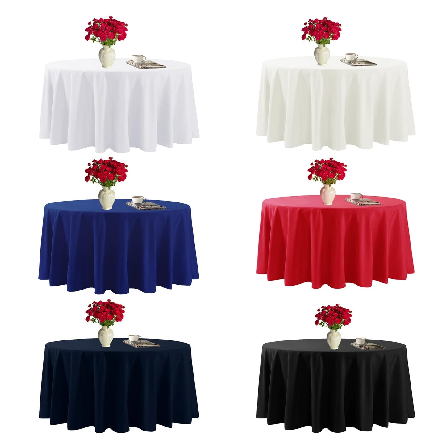 Fokitut 6 Pack Round Tablecloth, 108 Inch, Stain Resistant and Wrinkle Polyester Table Cloth, Fabric Table Cover for Kitchen Dining, Wedding, Party, Holiday Dinner-Black