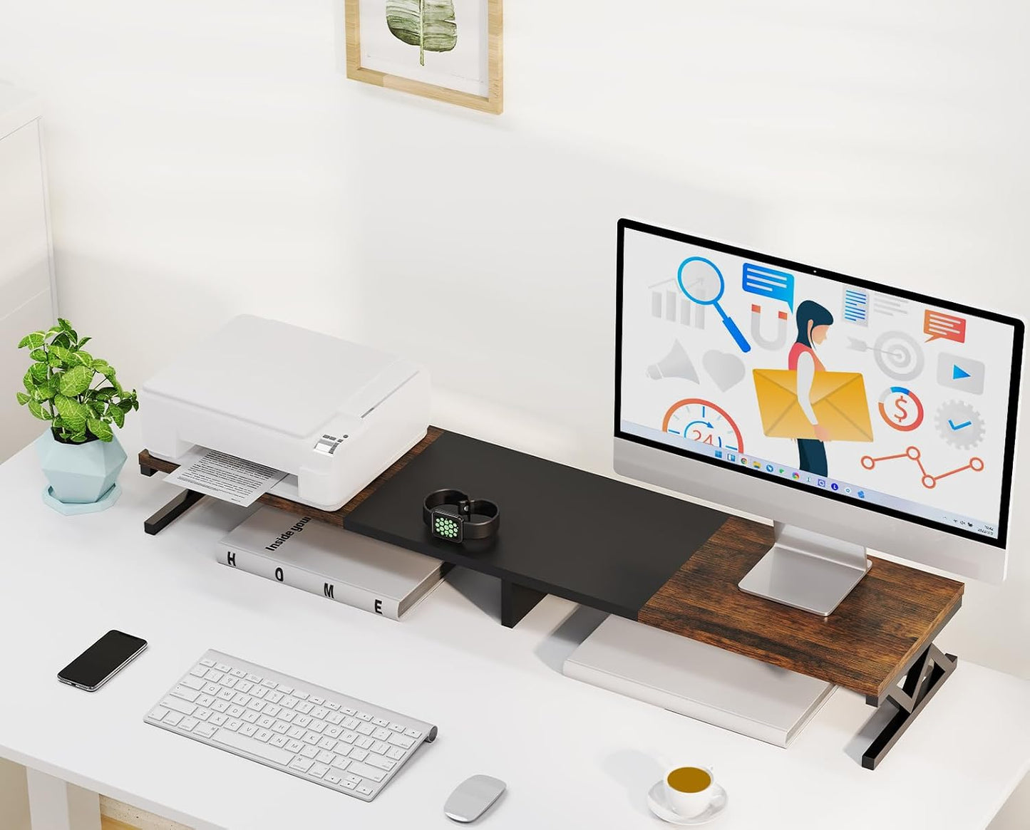 2 Dual Monitor Stand Riser, Large Wood Monitor Riser for Monitors, Monitor Lift with Storage for Desk, Sturdy