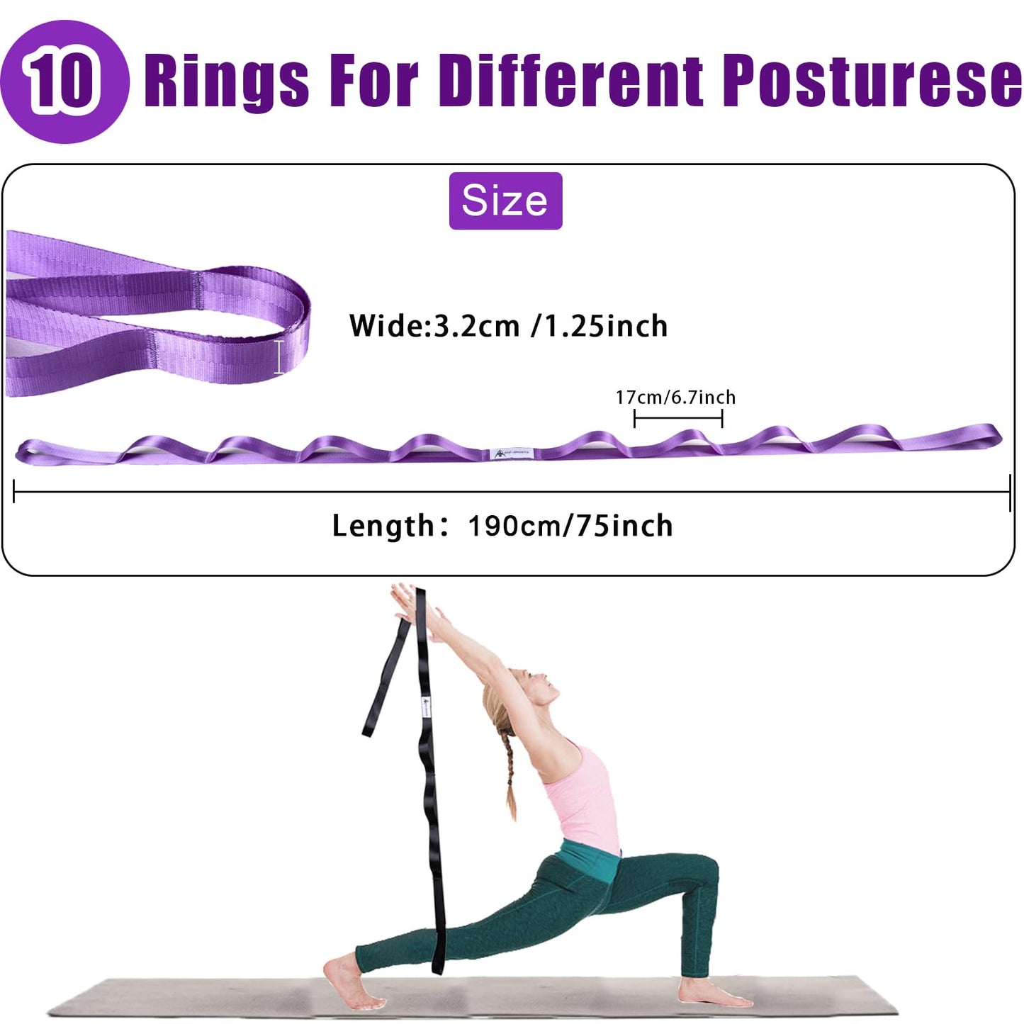 Oak-Sports Stretching Strap Yoga Strap for Physical Therapy with 10 Loops, Yoga Straps for Stretching, Upgraded Non-Elastic Stretch Band for Pilates, Dance and Gymnastics with Workout Guide (Purple)
