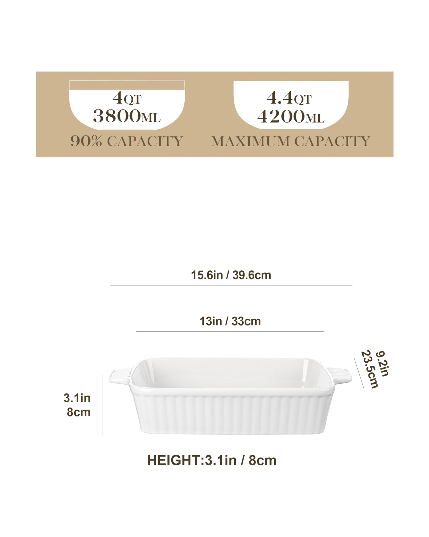 MALACASA 4.4 QT Baking Dish, 9x13 Large Casserole Dish for Oven, Ceramic Baking Pan, Rectangular Lasagna Pan Deep with Handles for Baking, Durable Microwave Oven Safe, Wedding Gift,White, Series BAKE-BAKE