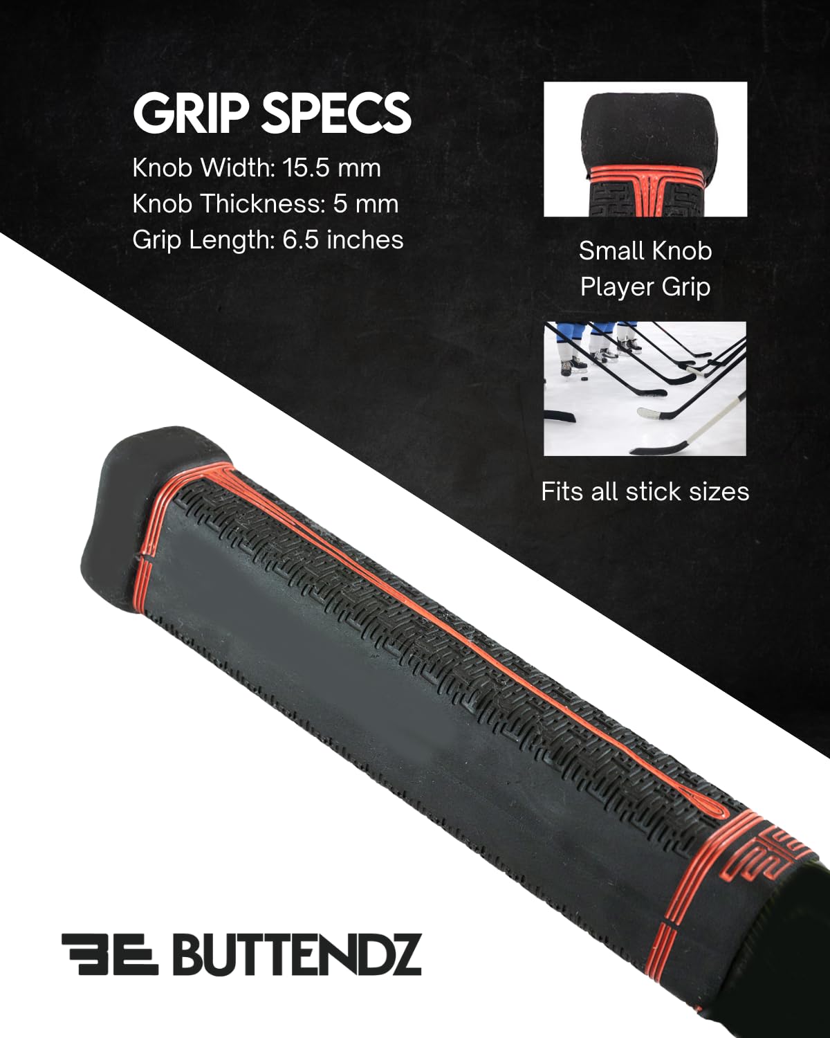 Buttendz Fusion Z Hockey Stick Replacement Grip - Reusable Design, Small Knob Player Grip for Top Hand Mobility, Fits All Stick Sizes (Black, Fire Drip)
