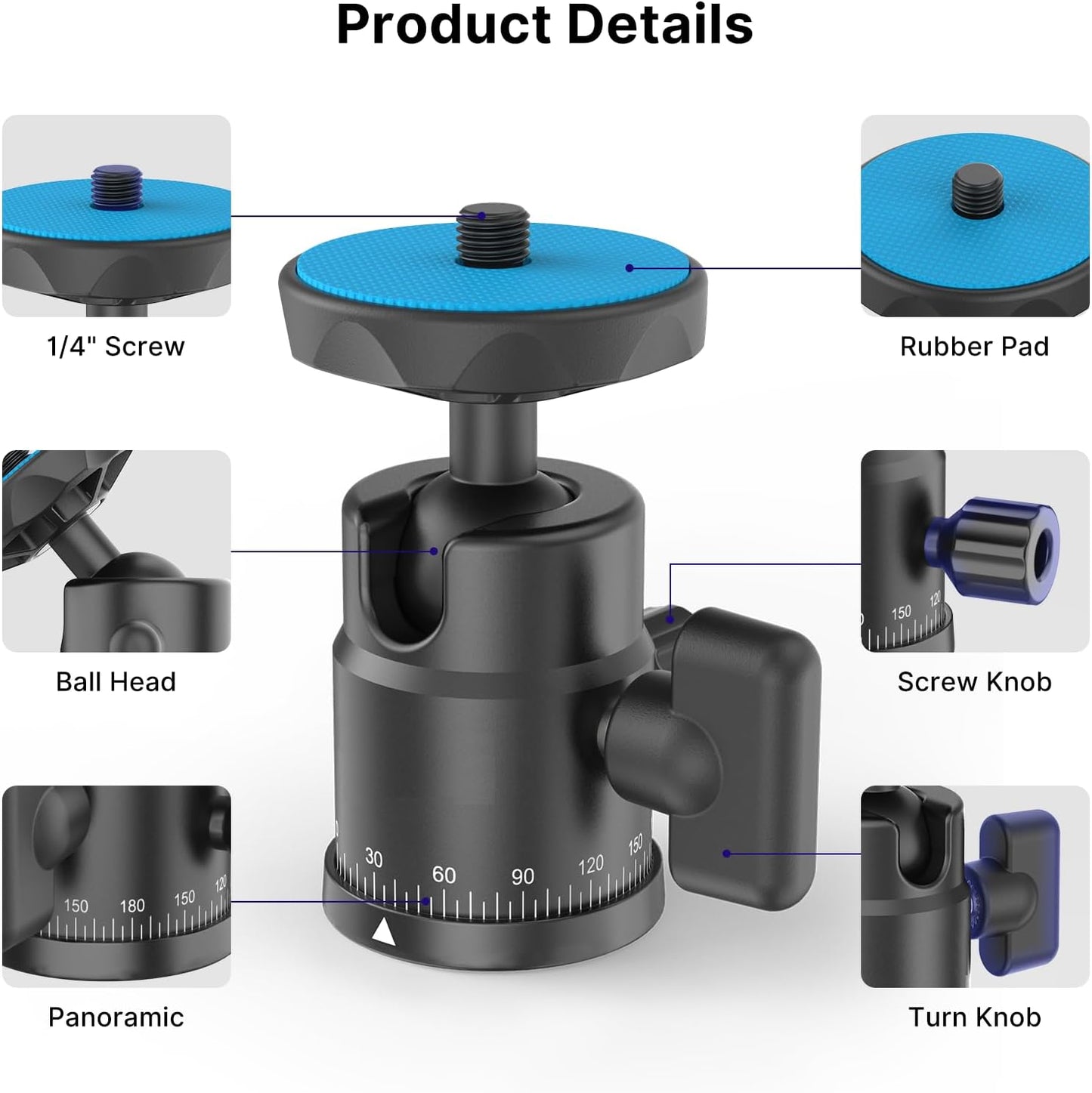 rubesee 1/4" 360 5.5lbs Mini Ball Head, Panoramic Camera Tripod Head with Screw Shoe Mount, Rotatable Metal Adapter