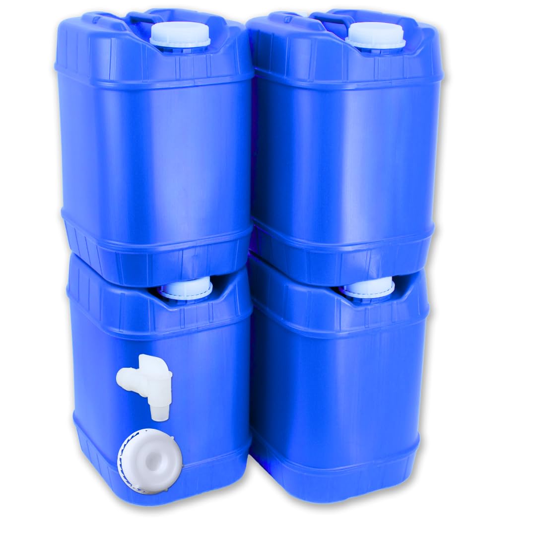 Aguaprep 5-Gallon Stackable Water Storage Containers, 5 Lids + 1 Spigot, Easy Fill, Survial Supply Emergency Water Storage for Camping and Disaster Preparedness, RV, 20 Gallon (4 Tanks)