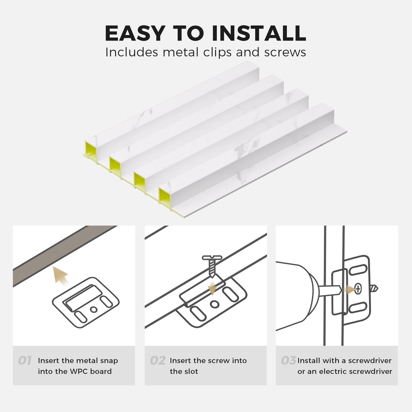 OUZUGIE WPC Acoustic Slat Wall Paneling, 8-Pack 96 x 6 Inches 3D Wall Panels for Interior Wall Decor,Living Room,TV Background,Study Room,Office Spaces,Bedroom,High Grille (White)