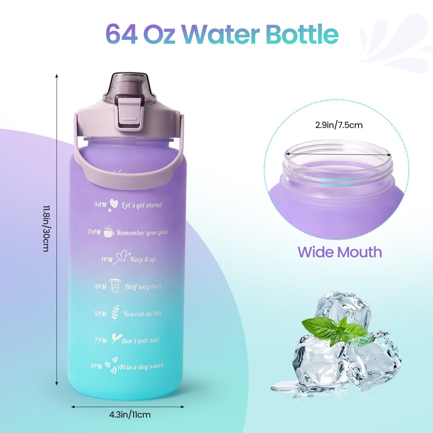 Binudum 64 oz Water Bottle with Straw Time Marker Half Gallon Reusable Water Bottle for Gym Fitness and Outdoor Sports (Purple Cyan)