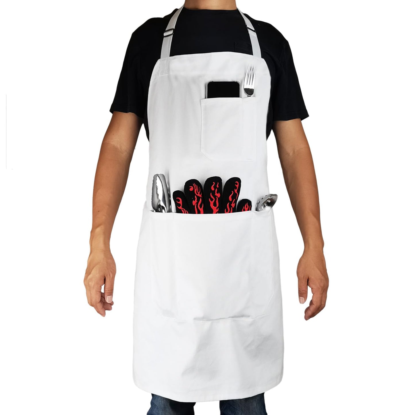 DCCPAA 100% Cotton Professional Grade Chef Apron for Cooking,Kitchen,BBQ, Grill and Hobby and Work for Men and Women gifts -White-5 Pockets-updated
