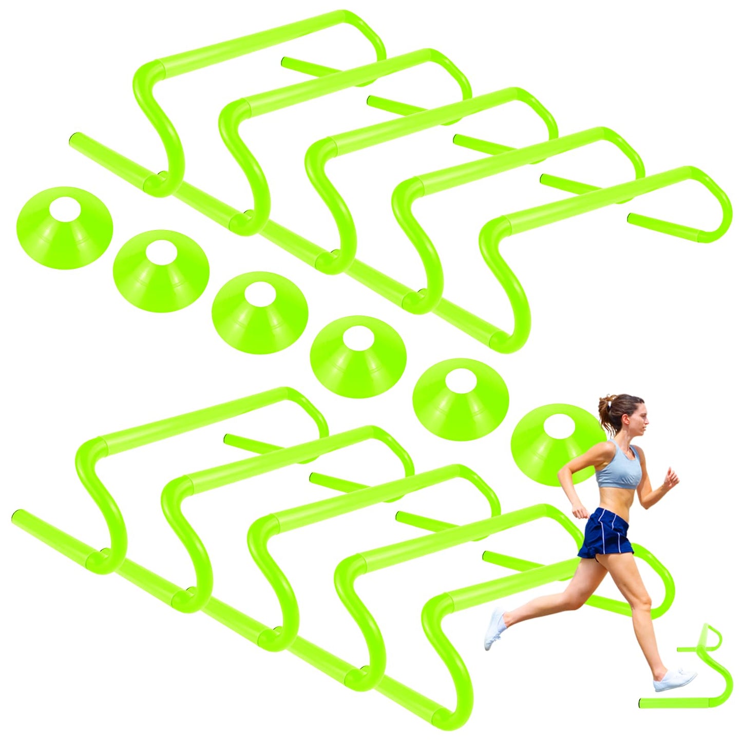 QIJISTORM 10 Pcs 6" Speed Agility Training Hurdles with 6 Marker Cone Durable Detachable Training Equipment Plyometric All Speed Hurdle for Athletes Soccer Basketball Football Practice Green