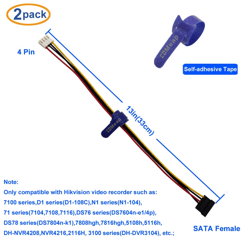 4 13-in(33cm) (2-Pack) COMeap SATA Power Cable for Hikvision Video Recorder, Pin to SATA Hard Drive HDD Power Adapter
