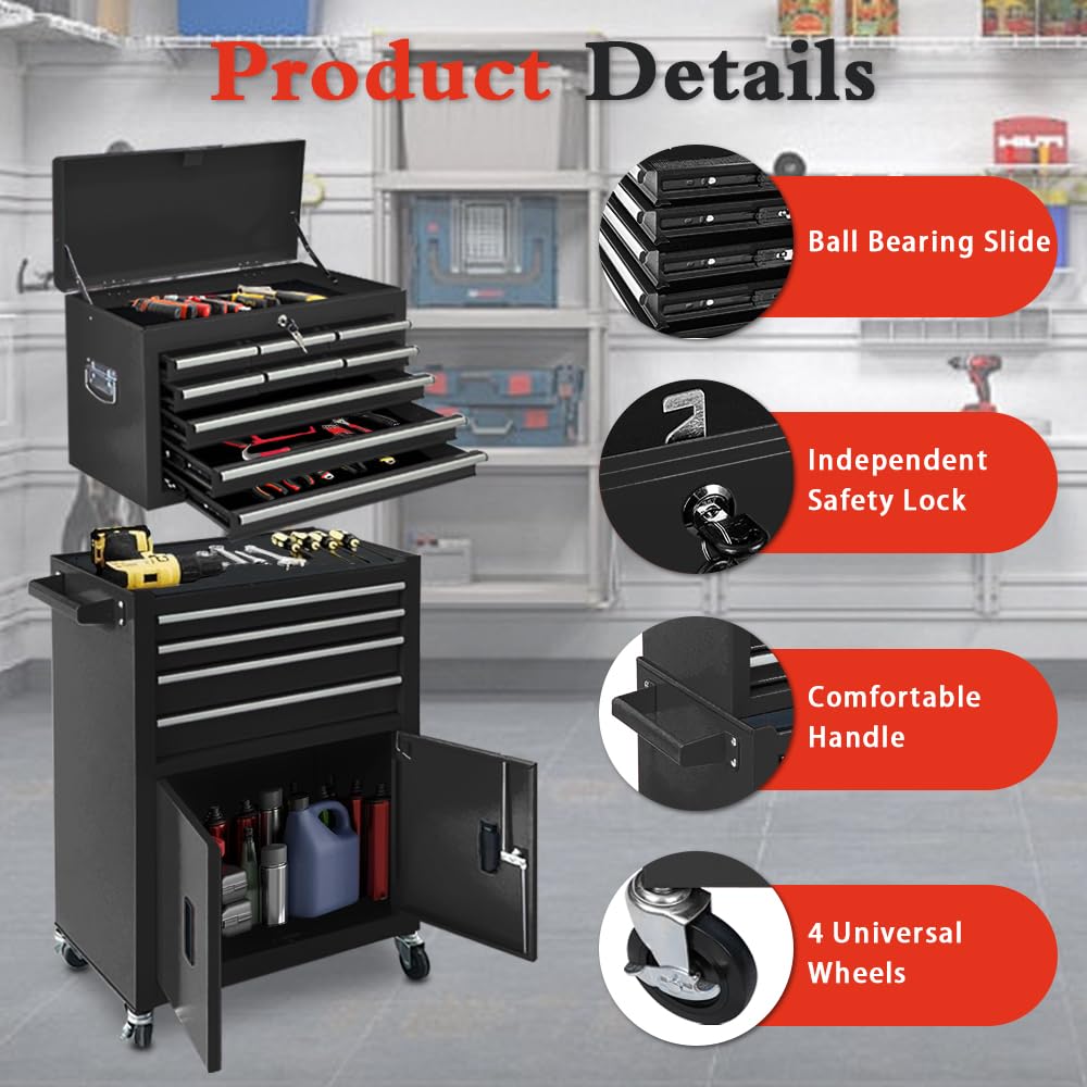 SONLMIK 13-Drawer Rolling Tool Chest with Double Door Handle, 2-in-1 Detachable Metal Storage Cabinet with Wheels and Lock, Large Capacity Tool Box for Garage, Gift for Men Dad Husband Fathers(Black)