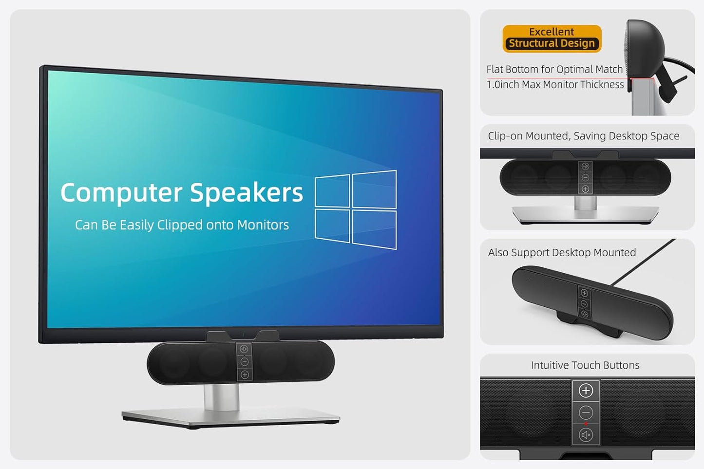 XKX Computer Speakers for Desktop PC Monitor, USB Plug-in, Wired, Computer Soundbar for PC, Laptop Speakers