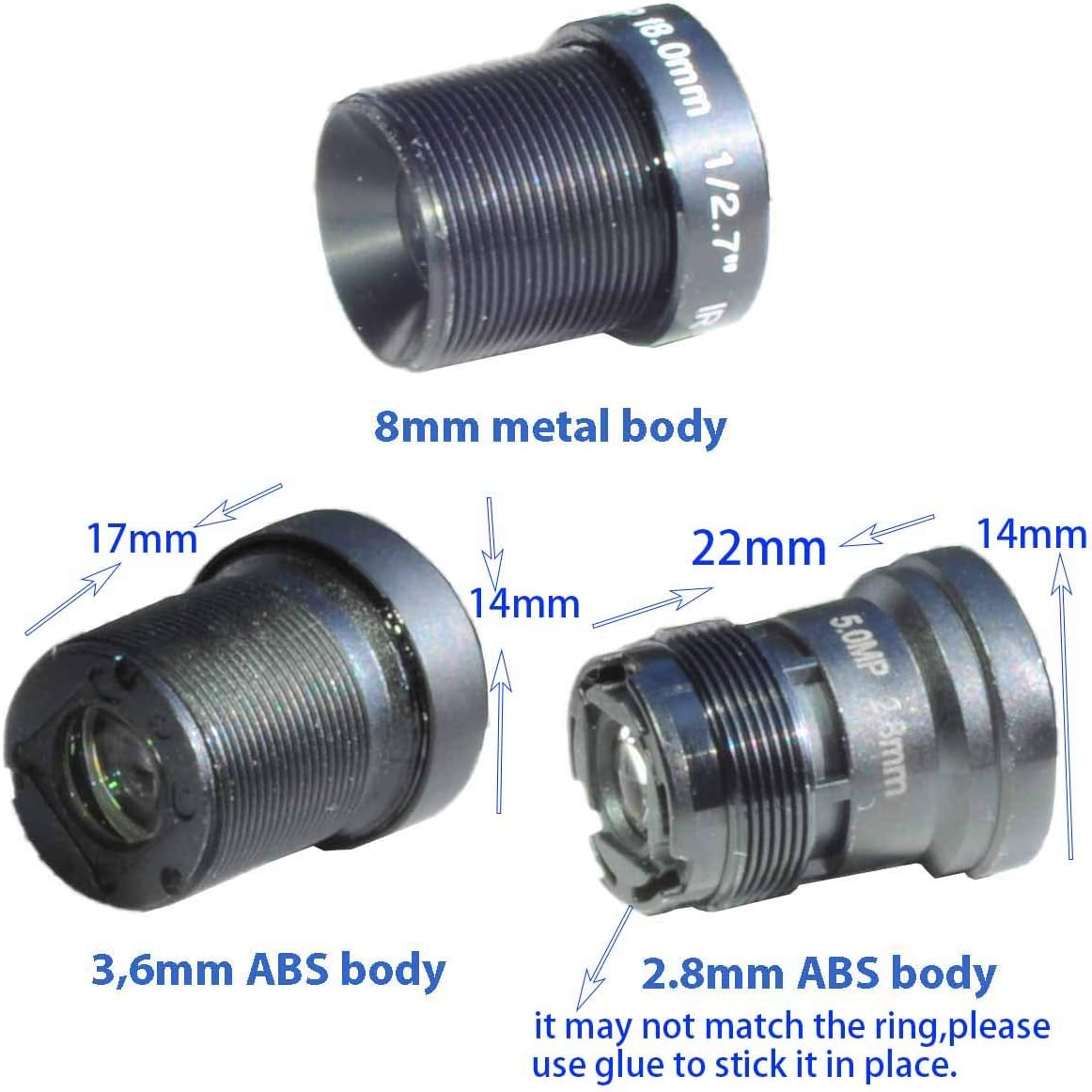 BlueFishCam 1/2.7" 2.8mm,3.6mm 8mm & Lenses Kits with IR Infrared Filter for CCTV Cameras Security Camera