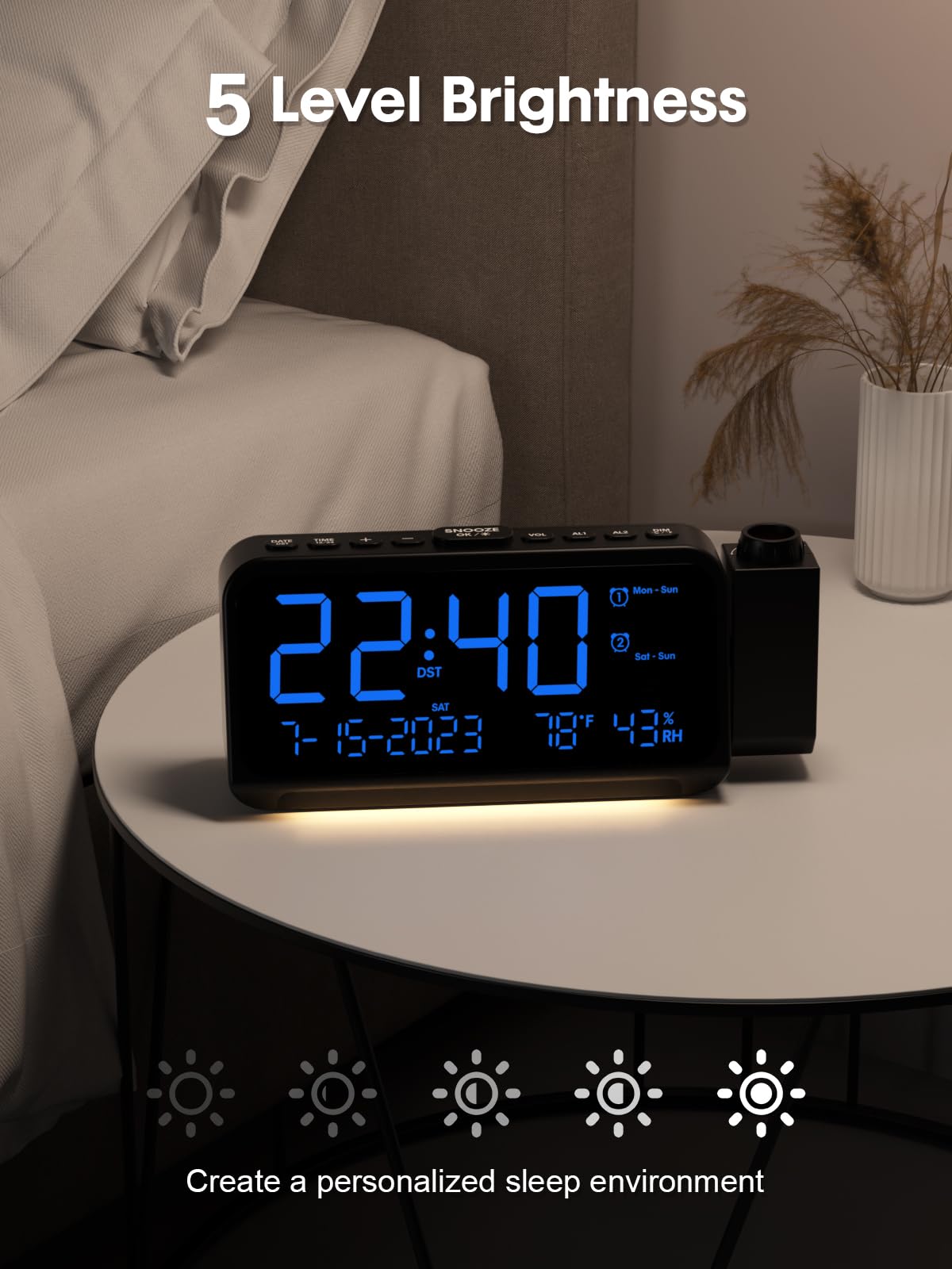 ROCAM Projection Alarm Clock for Bedroom Ceiling, Digital Clock with 180° Projector with 5-Level Dimmer, Dual Loud Alarm with Weekend/Weekday Mode, Date, Temp, Humidity, Night Light, DST, Snooze
