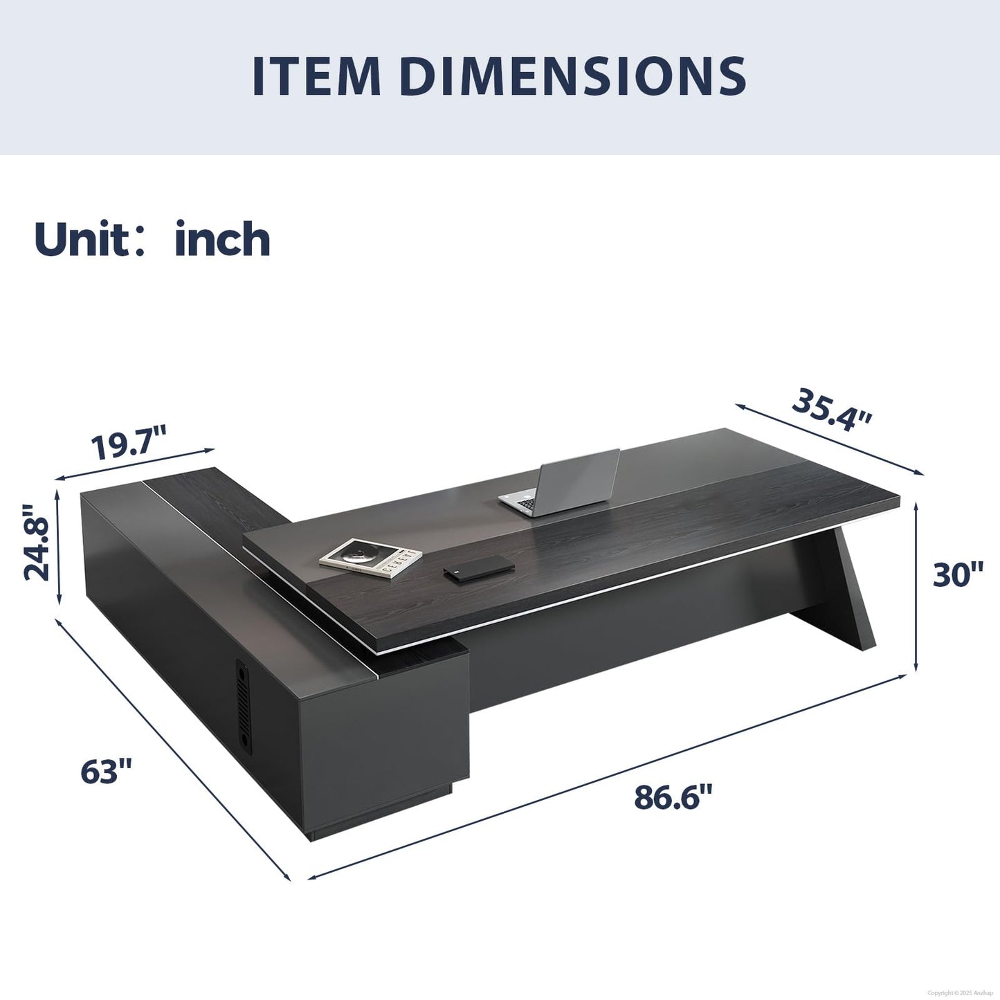 Anzhap 87" Executive Office Desk with Power Outlets & USB Ports, L-Shaped Executive Computer Desk with Drawers, Enclosed Cabinet, Ventilated CPU Compartment (Right Return, 87" L x 63" W x 30" H)
