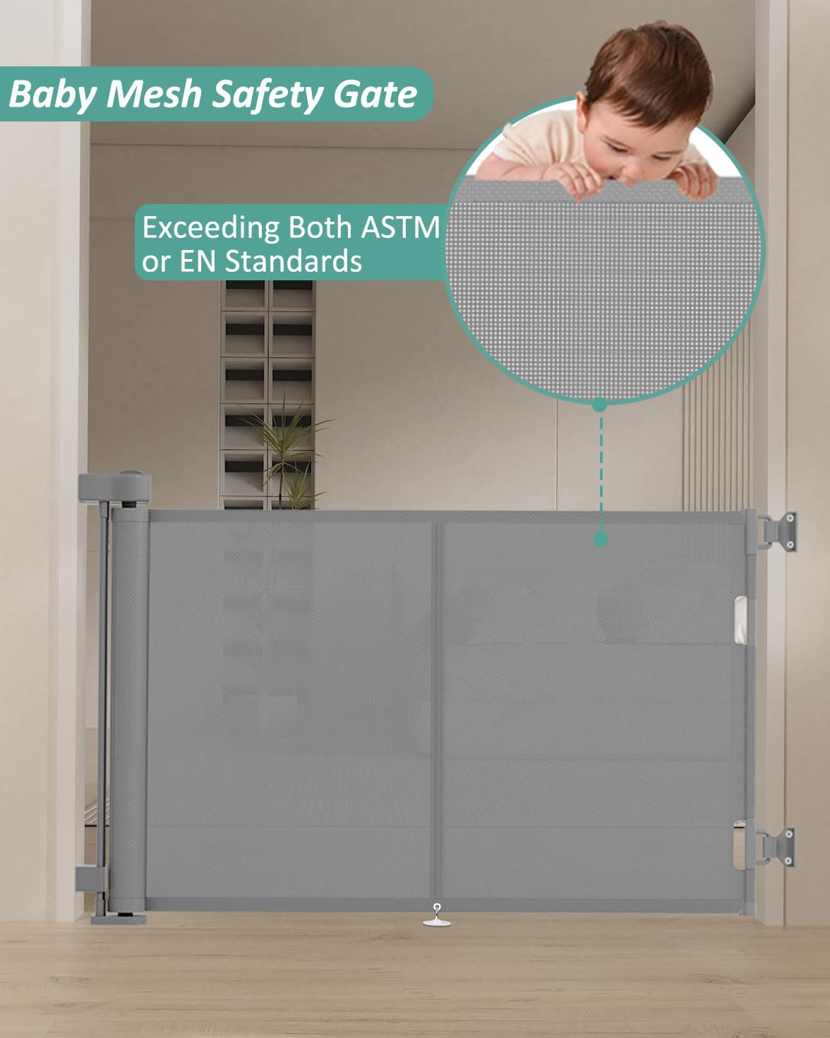 Miumoon 59 inch Retractable Baby Gates 34 inch Tall, Retractable Gate with Reinforced Strip Design to Prevent Crawling Through, 5 FT Retractable Dog Gate for Stairs, Doorways, Hallways, Indoor/Outdoor