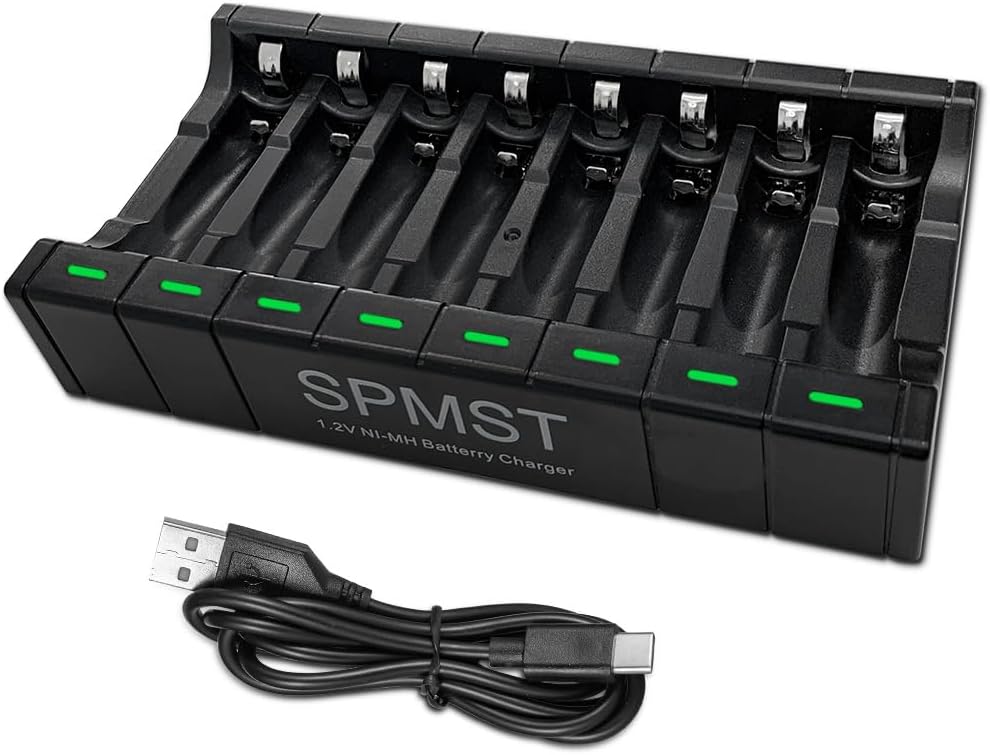 SPMST 1.2V 5V 2A 8-Slot AA AAA Battery Charger, Suitable for Ni MH Batteries, Type-C Fast LED Light as Charging