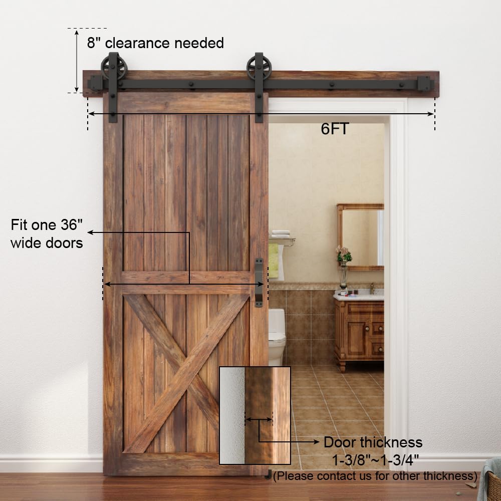 WINSOON 6FT Heavy Duty Sliding Barn Door Hardware Kit, Black 5-16FT, Silent Glide, Easy to Install, Includes Tracks, Big Wheel Hangers, Floor Guide and Other Necessary Hardware