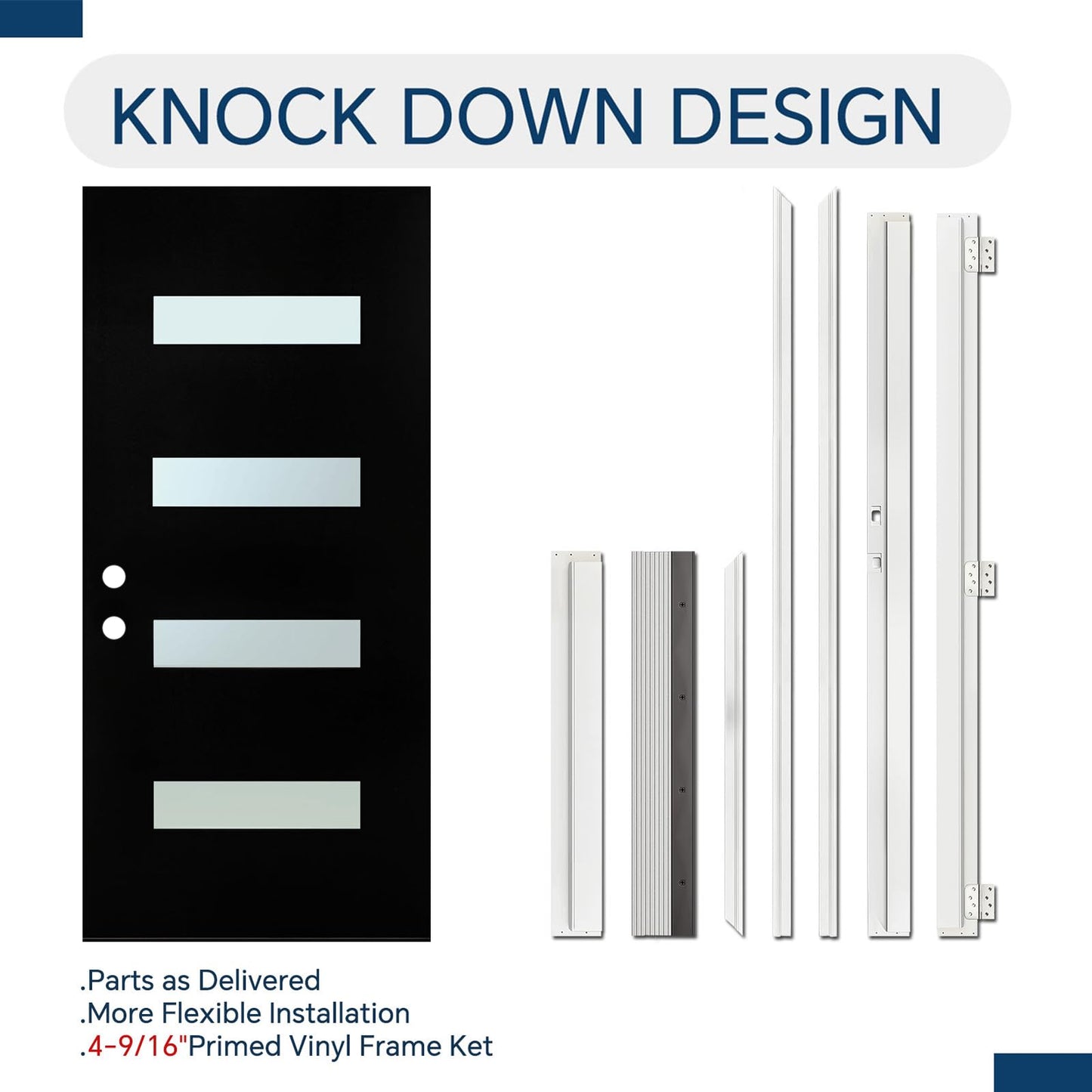 KHSHOW 36 x 80 Fiberglass Entry Door with Brickmould, Frosted Glass, Black Finished Knock-Down Fiberglass Door - Contemporary Style for Home's Front Entrance, Right Hand Inswing with Vinyl Frame