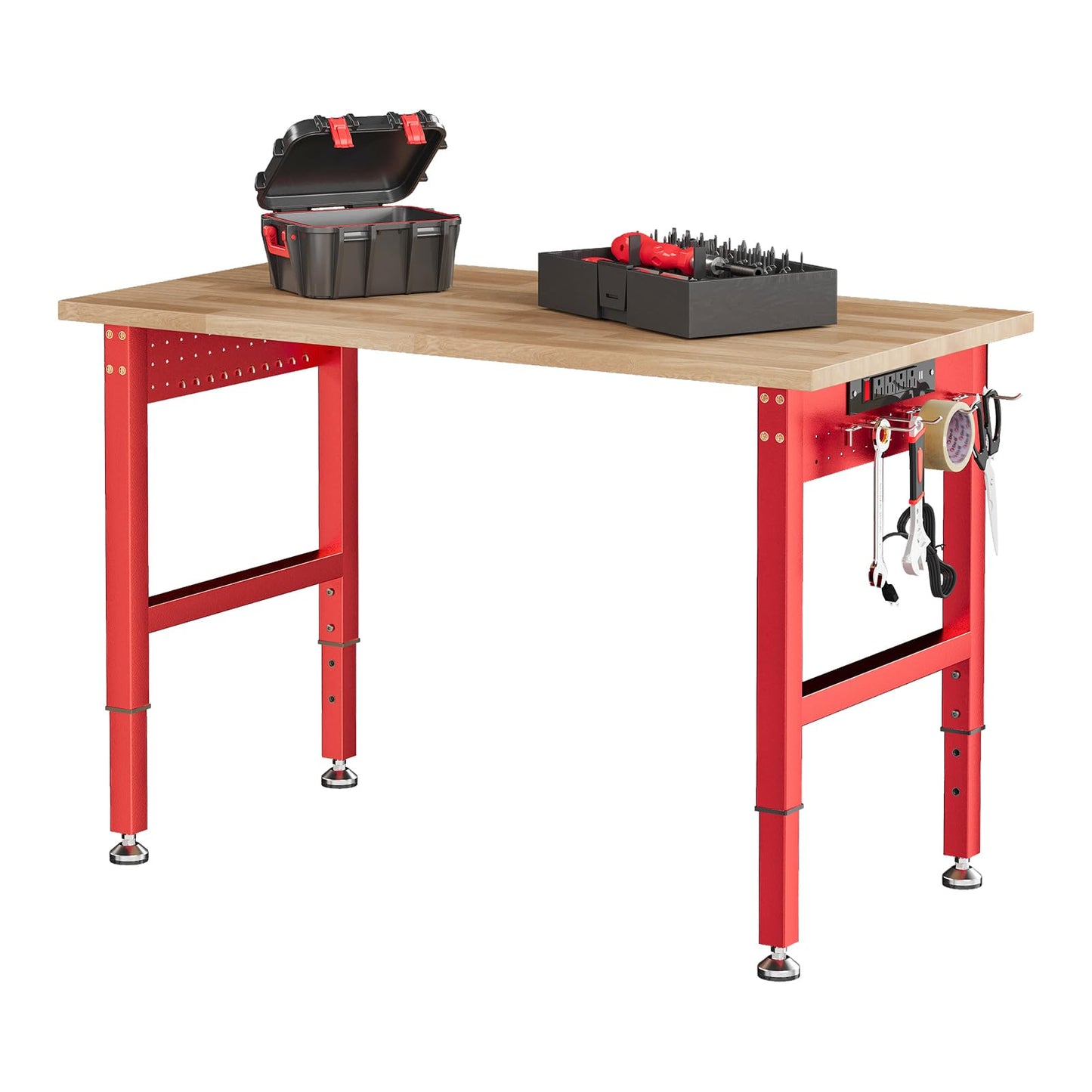 SPECRAFT Red Adjustable Heavy Duty Workbench with 4 AC Outlet and 2 USB Ports Power Outlets, 2000 Lbs Capacity, Rubber Wood Top for Garage, Workshop, Office