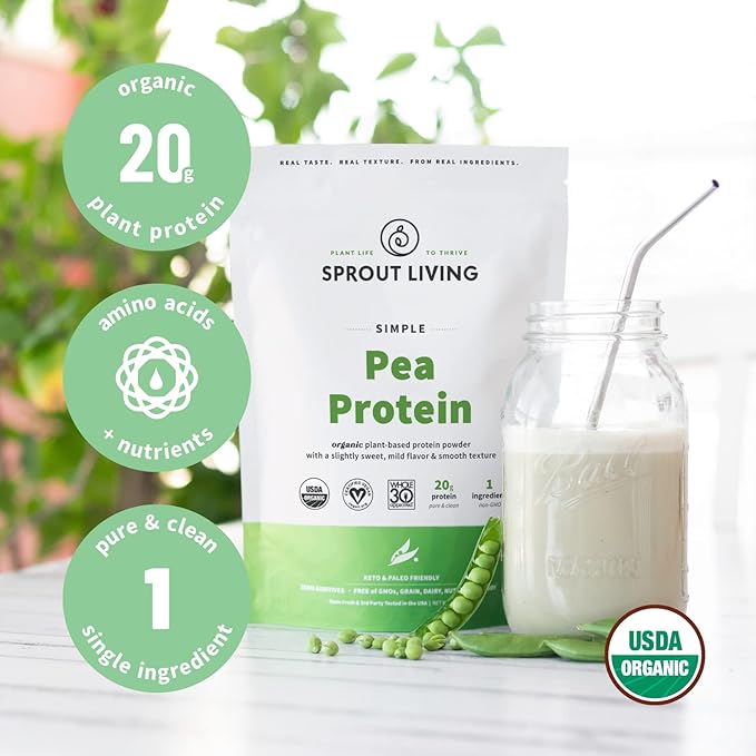 Sprout Living Organic Pea Protein Powder, Unflavored, 20 Grams of Plant Based Organic Protein Powder Without Artificial Sweeteners, Non Dairy, Non-GMO, Vegan, Gluten Free (1 Pound, 19 Servings)