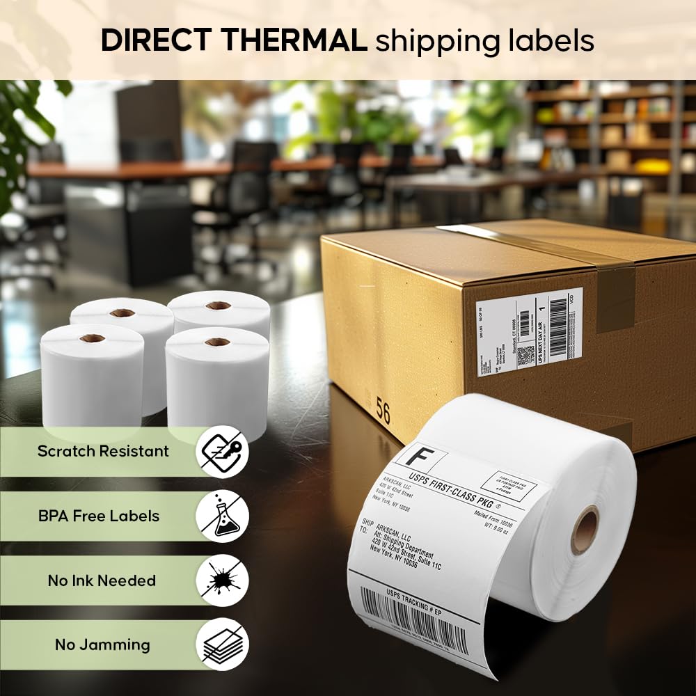 4 Rolls of SL450 4x6 Shipping Label (450 Pages per roll) Support Arkscan Label Printers, Compatible w/Zebra LP2844, Zp-450, Zp-500, Zp-505 and Other Brands, It's Designed for Direct Thermal, White.