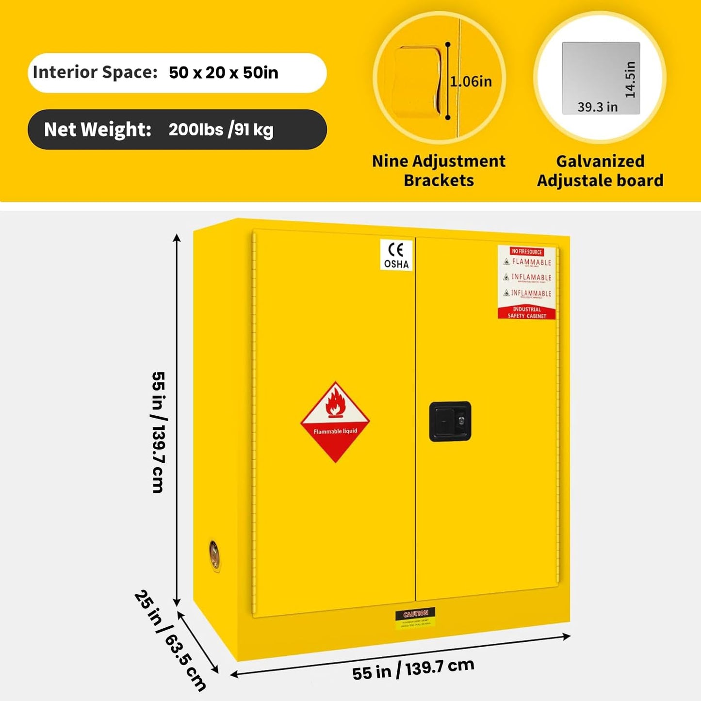 WETOXL 257 Gallon Flammable Cabinet 55H x 25W x 55D, Galvanized Steel Flammable Storage Cabinet, Adjustable Shelf for Commercial Industrial Home Use