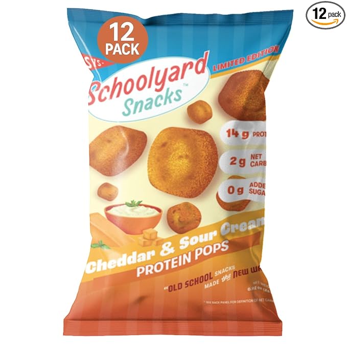 Schoolyard Keto Snacks - Cheddar Cheese & Sour Cream - Protein Puffs - Low Carb, Low Sugar, 14g-Protein, Gluten Free, Healthy & Diabetic Friendly, High Protein, Low Calorie snacks for Kids & Adults, USA Made, 12 Pack
