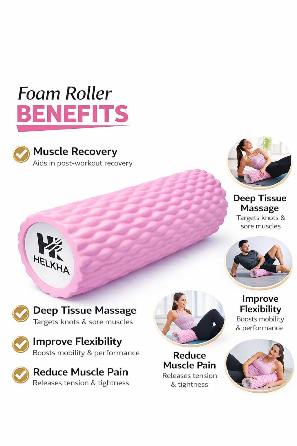 HELKHA Pink Foam Roller-Medium Soft Density Muscle for Muscle Recovery, Yoga, Pilates & Physical Therapy