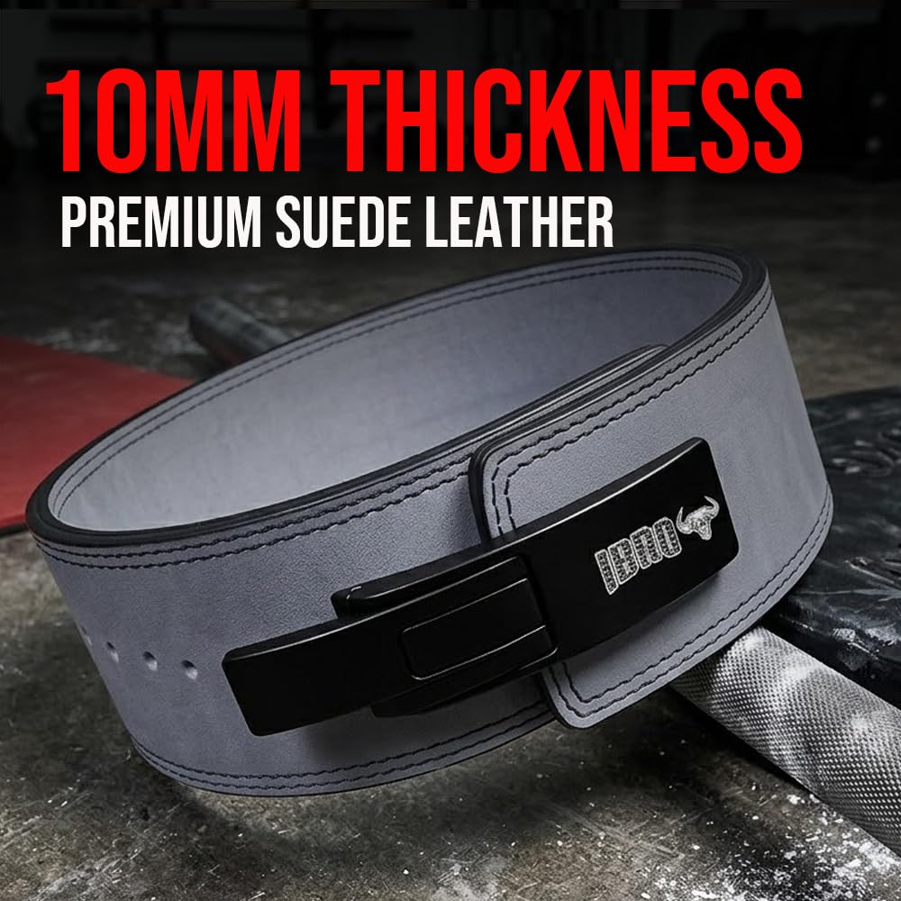 IBRO Powerlifting Lever Gym Belt – Power 10MM Extreme Heavy Duty Genuine Leather Belts - Squats Deadlifts Bodybuilding Weight Lifting IPF Power Lifting Strongman for Men 10mm Grey XL