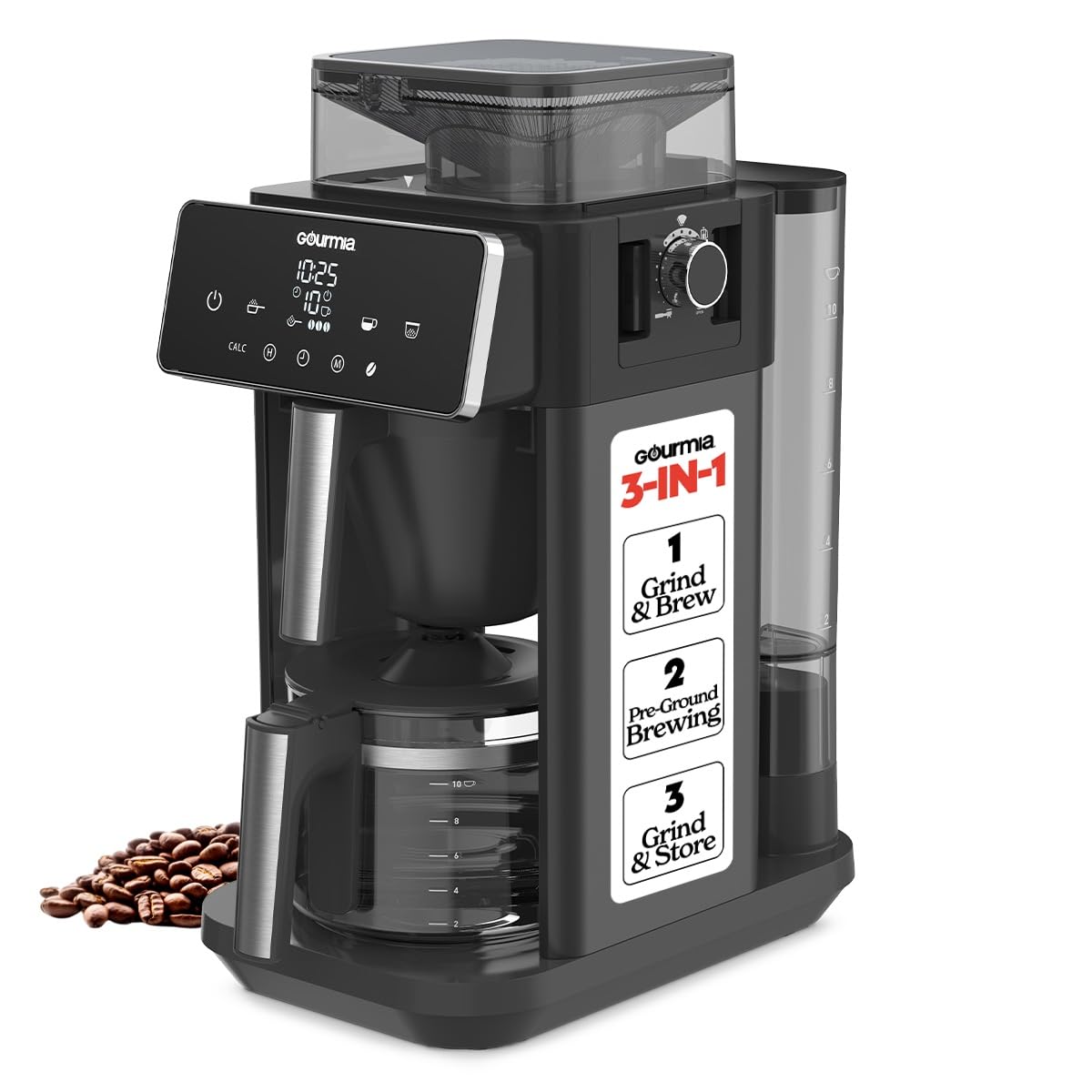 Gourmia 10 Cup Grind & Brew Coffee Maker - Built-In Burr Grinder, 3 Brew Strengths, Programmable Digital Display, Pause & Serve, Keep Warm, Auto Shut Off, Black