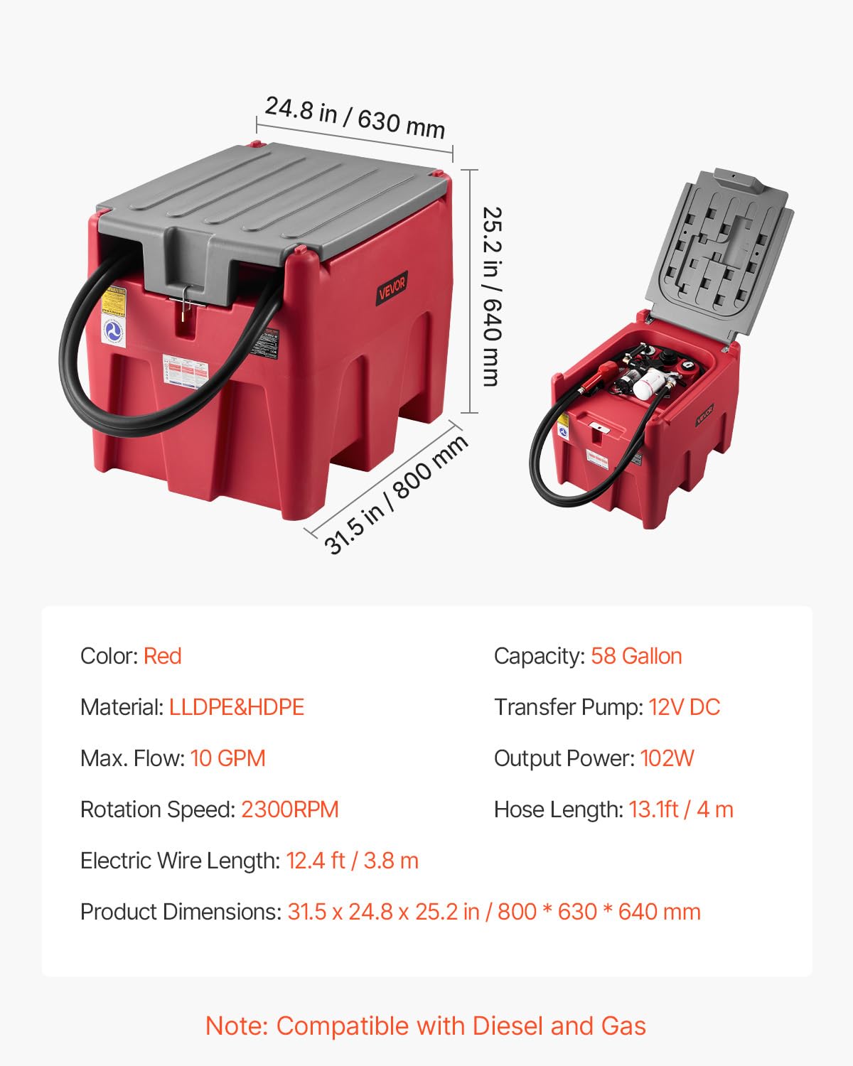 VEVOR Portable Diesel & Gasoline Tank, 58 Gallon, 10 GPM Flow Rate, Diesel Fuel Tank with 12V Electric Transfer Pump, 13.1ft Hose, Auto Fueling Nozzle, Transfer Tank for Easy Fuel Transportation, Red