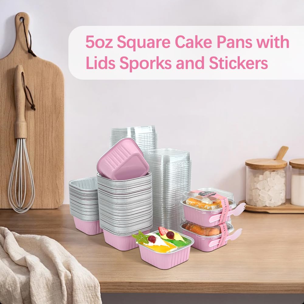 RETON 100 Pcs Mini Cake Pans with Lids Sporks and Stickers, 5oz Aluminum Foil Square Baking Cake Cups, Individual Cupcake Containers Foil Ramekins for Brownies Dessert Party Wedding Birthday (Pink)