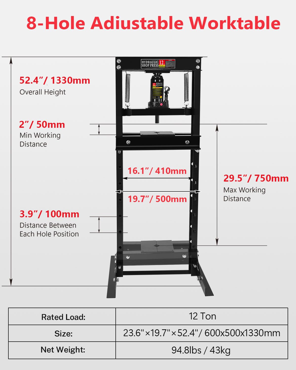 12 Ton Hydraulic Shop Press, Heavy-Duty H-Frame Garage Floor Press with Adjustable Worktable & Stamping Plates, Industrial-Grade Bearing Press for Metal Bending, Straightening, U-Joint & Bushing Insta