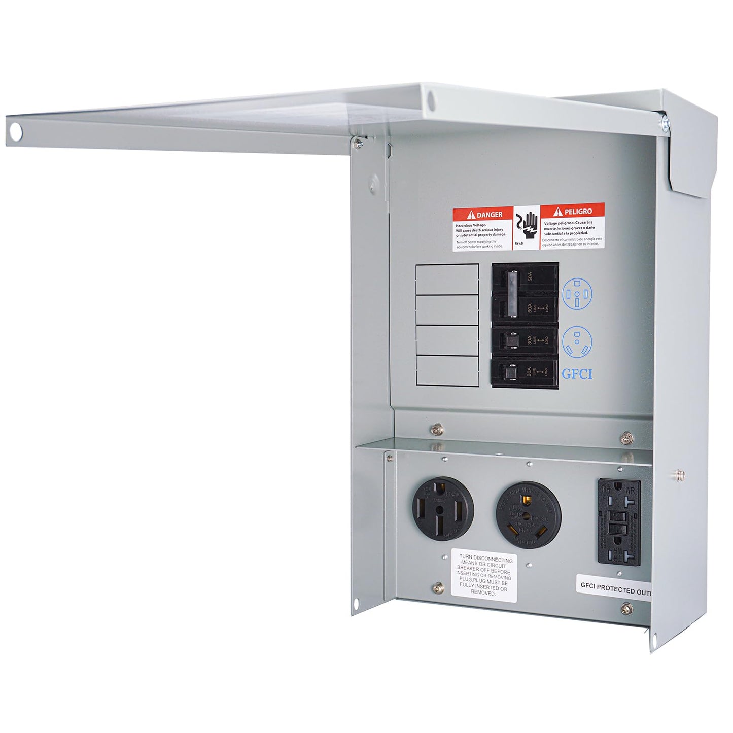 RV Electrical Panel Temporary Power Outlet Panel with Prewired Circuit Breaker Box 20 30 50 Amp Receptacle Installed Power Outlet Weatherproof for Hookup RV Camper Travel Trailer Motorhome