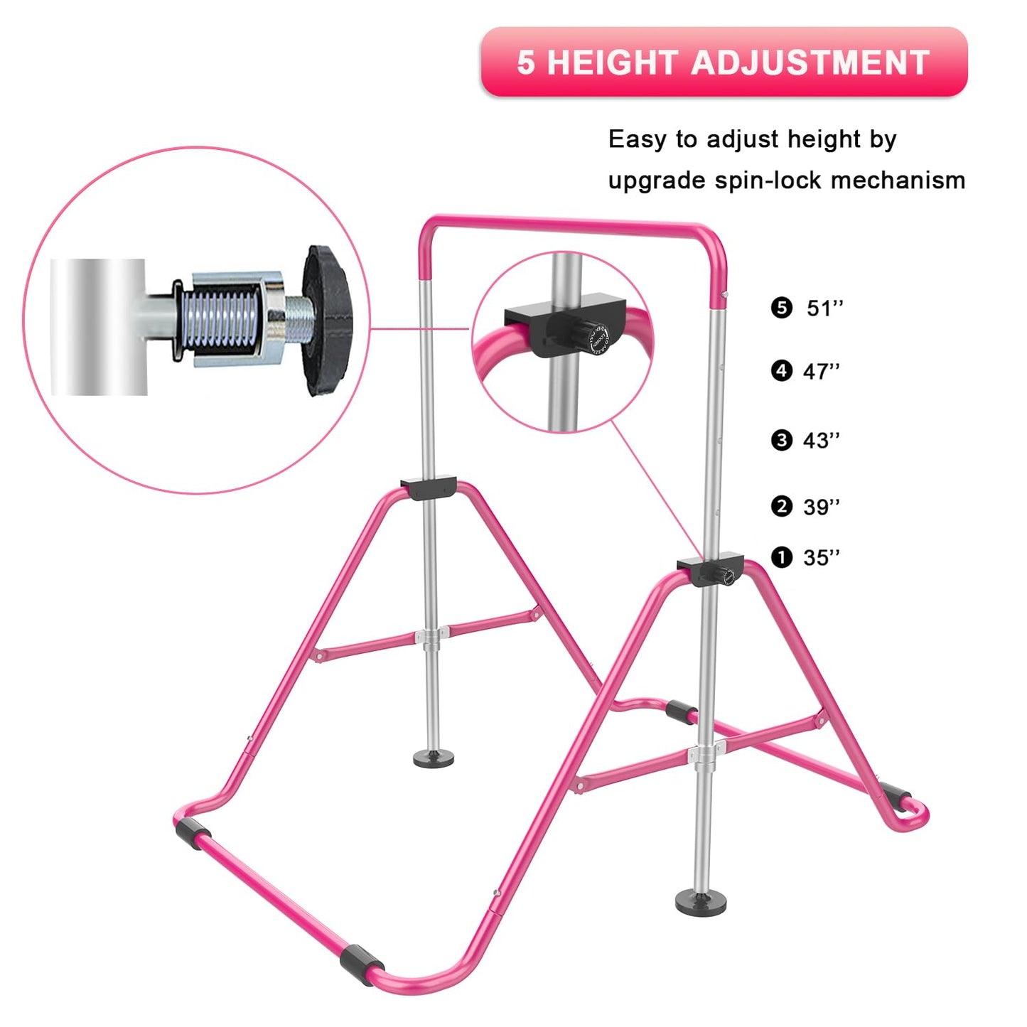 RINREA Gymnastic Bars for Kids with Adjustable Height, Folding Gymnastic Training Kip Bar, Expandable Horizontal Bar for Home (Pink_Mat)