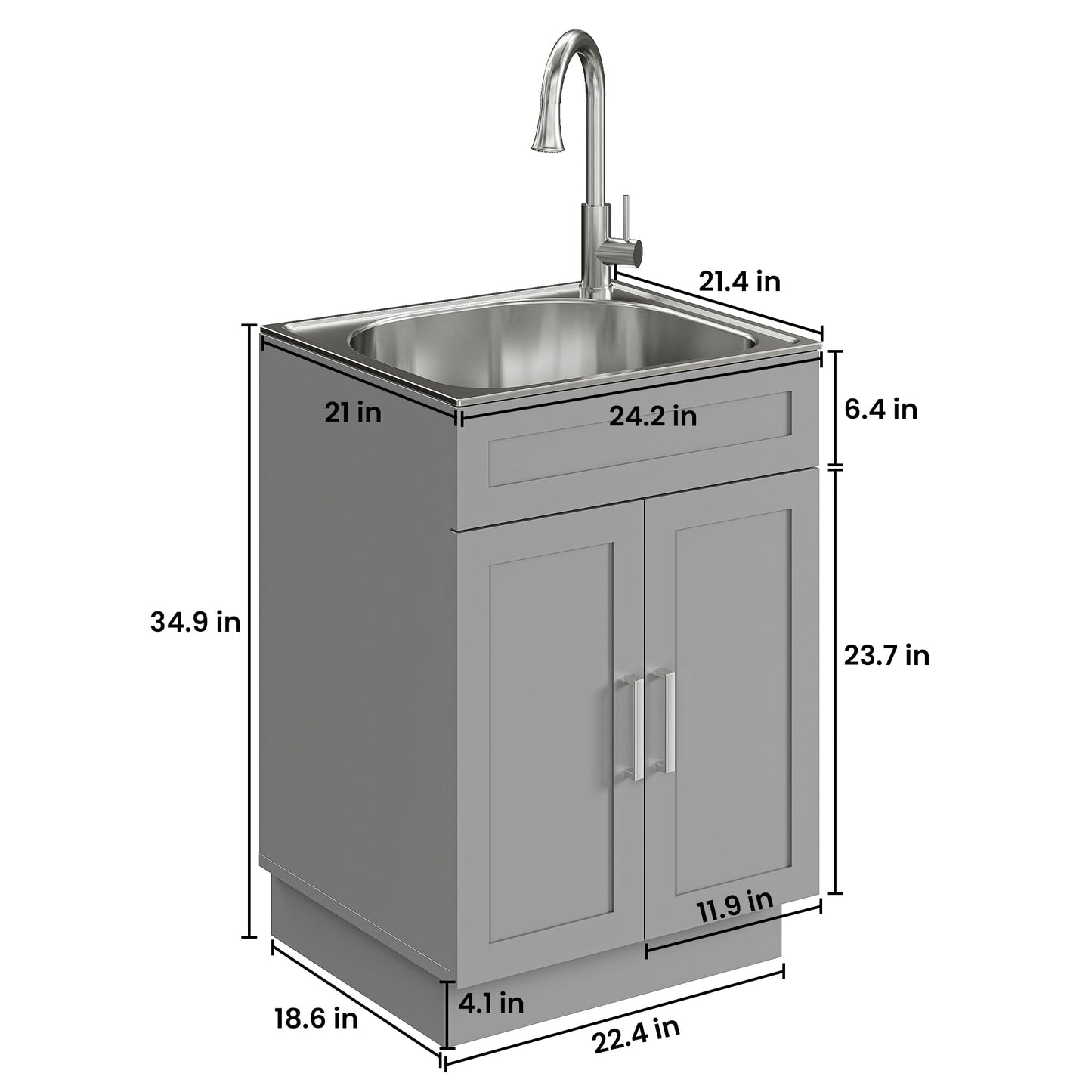 ANCTOR 24 Inch Laundry Sink with Cabinet, Stainless Steel Utility Sink Cabinet with Pull-Out Hot/Cold Faucet Metal Hooks Freestanding Deep Utility Sink for Laundry Utility Room Kitchen Garage