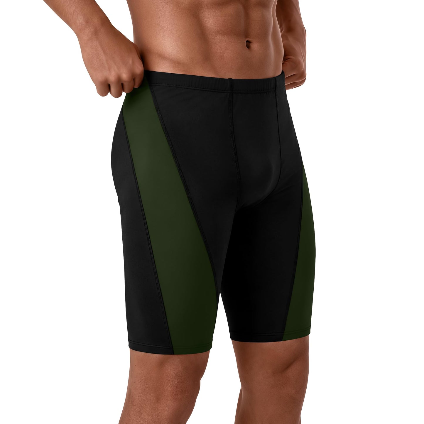 Ficerd Men's Swim Jammer UPF 50+ Quick Dry Athletic Competitive Training Swimwear Swimming Shorts with Drawstring(Black Green,Large)