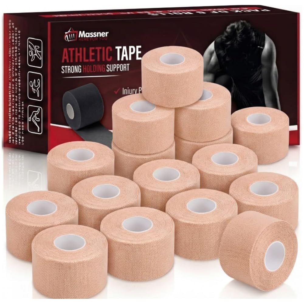 Massner Athletic Tape Tan 1.5" x 45ft Per Roll (720ft Total) Pack of 16 – Strong Sports Tape for Wrists, Ankle & Hands – Latex-Free Gym Tape for Training, Football, Running & Weightlifting Recovery
