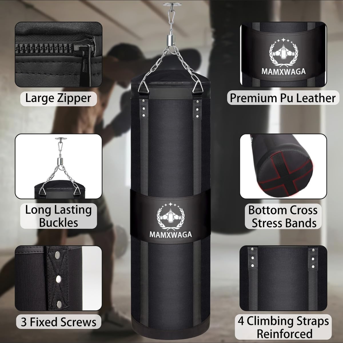 Mamxwaga 4FT Canvas Punching Bag for Adults, Hanging Boxing Heavy Bag with 12oz Gloves for Kickboxing Muay Thai Max Load-Bearing 180 Lbs(Unfilled)