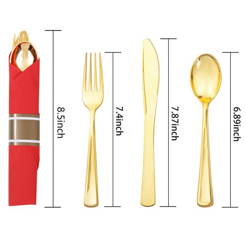 Nervure 400PCS Pre Rolled Gold Plastic Silverware Sets - Heavy Duty Gold Cutlery - Include 100 Pack Wrapped Disposable Utensils with Red Napkins for Christmas & Party & Wedding