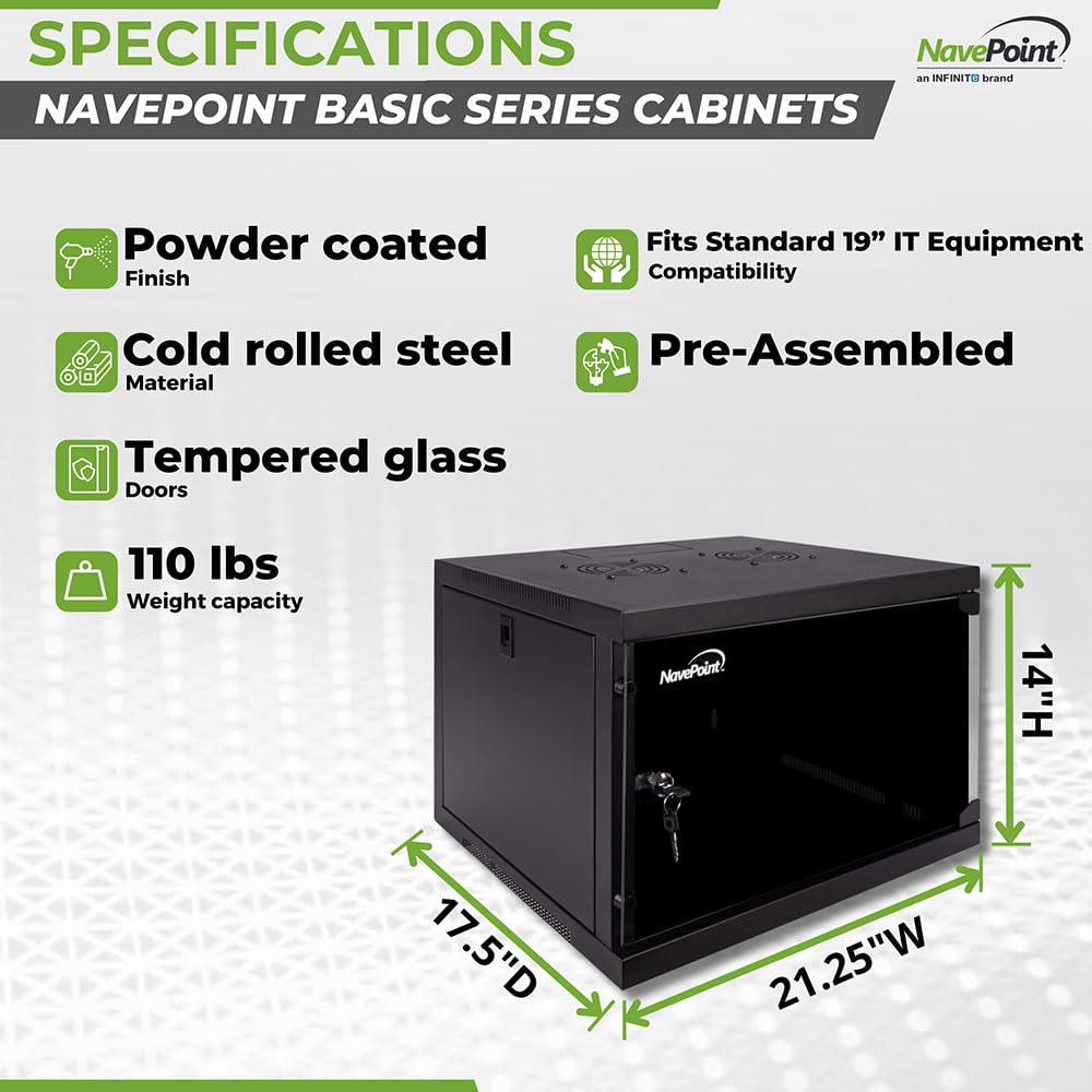 NavePoint 6U Wall Mount Network Cabinet for 19” IT Equipment with Lockable Glass Door & Removable Side Panels, 2 Fans, 17.7” Deep, Pre-Assembled